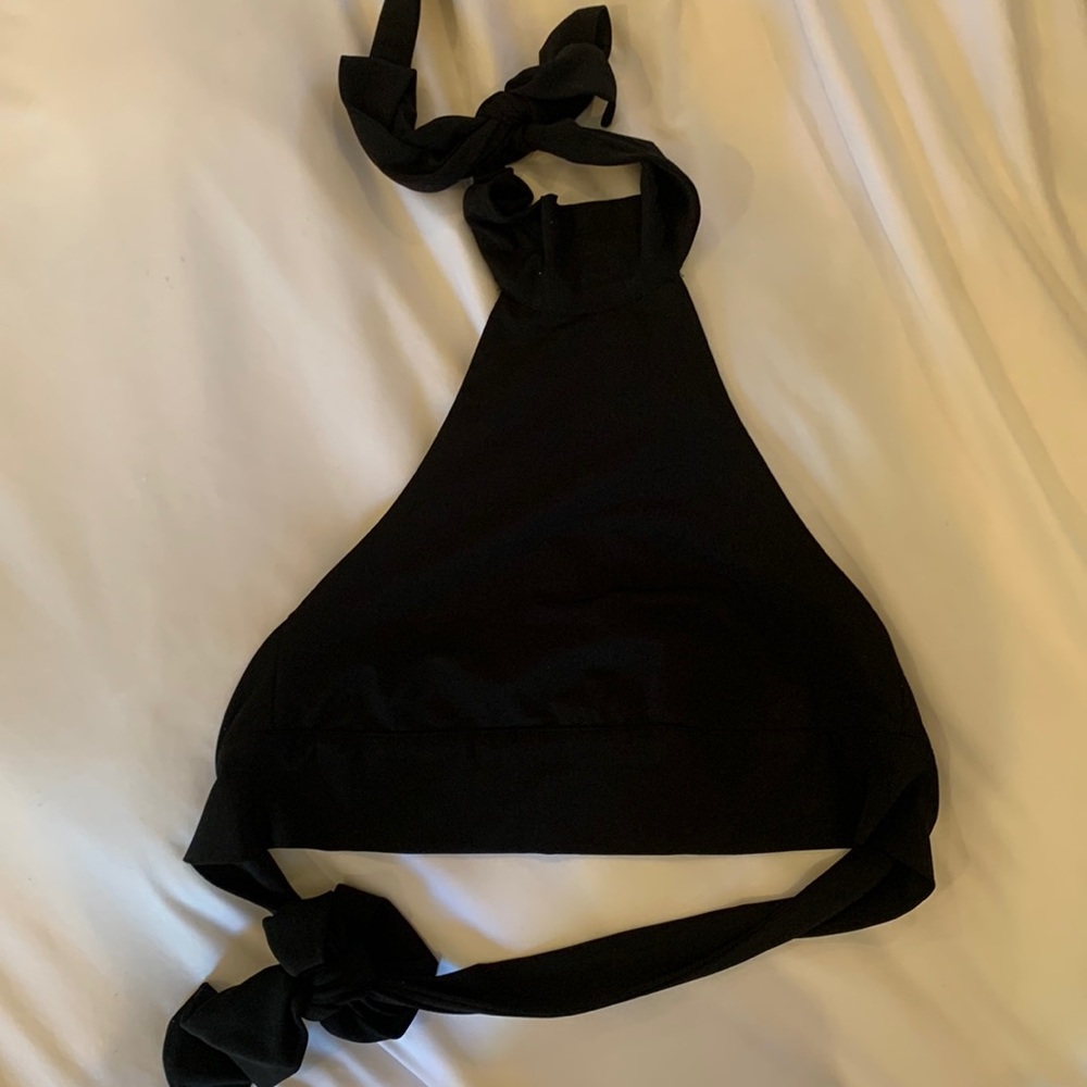 Black halter Tiger Mist crop top with tie -back